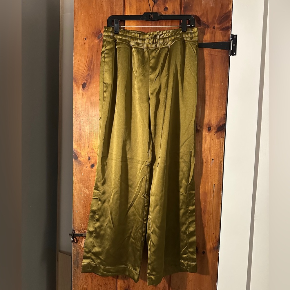 Olive Satin Wide-Leg Pants